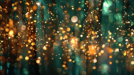 A stunning visual of shimmering golden and teal bokeh lights creating an enchanting and dreamy atmosphere.