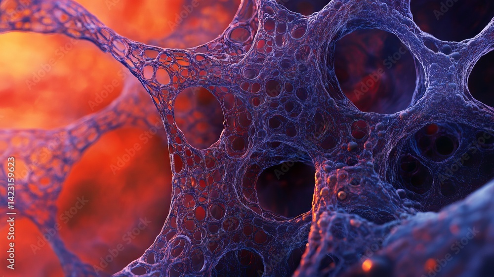 Poster abstract purple and orange network structure digital art background 3d web mesh dark holes cells