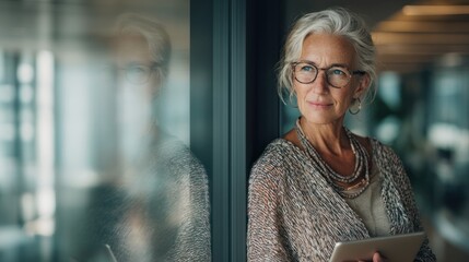 A thoughtful senior woman stands near a window, reflecting on her experiences while holding a tablet.