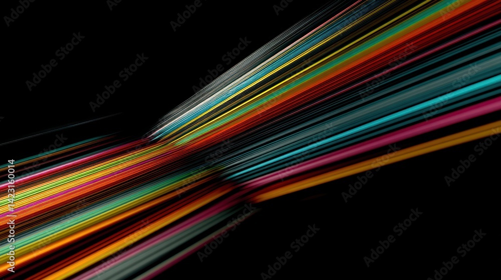 Poster a vibrant array of colorful lines flowing dynamically against a black background, creating an abstra