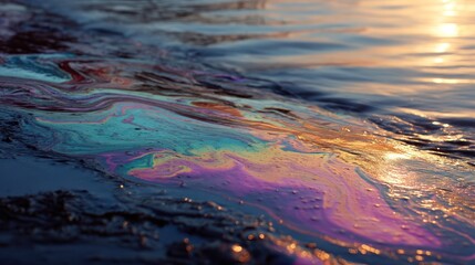 A vibrant oil slick reflecting sunlight on water, showcasing vivid colors and textures, highlighting environmental impact.