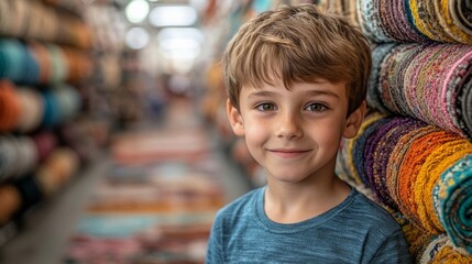 Excitement radiates from a young boy as he helps his parents choose colorful rugs at a decor store, highlighting his pride and involvement in home decoration.
