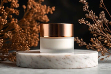 Cosmetic Cream Jar on Marble with Dried Flowers