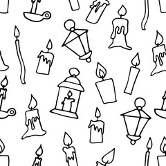 Doodle burning floating candles seamless pattern. Hand-drawn line candlestick, lamp on white background. Holiday, Christmas, church, Halloween dripping wax lights symbol. Vector festive illustration