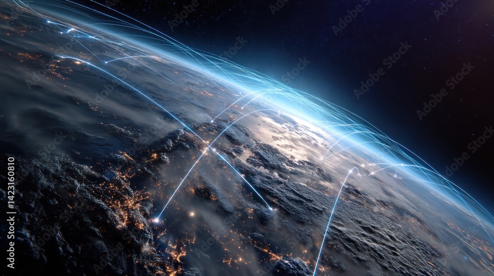 Poster aerial view of earth highlighting digital connectivity with glowing lines representing data flow and