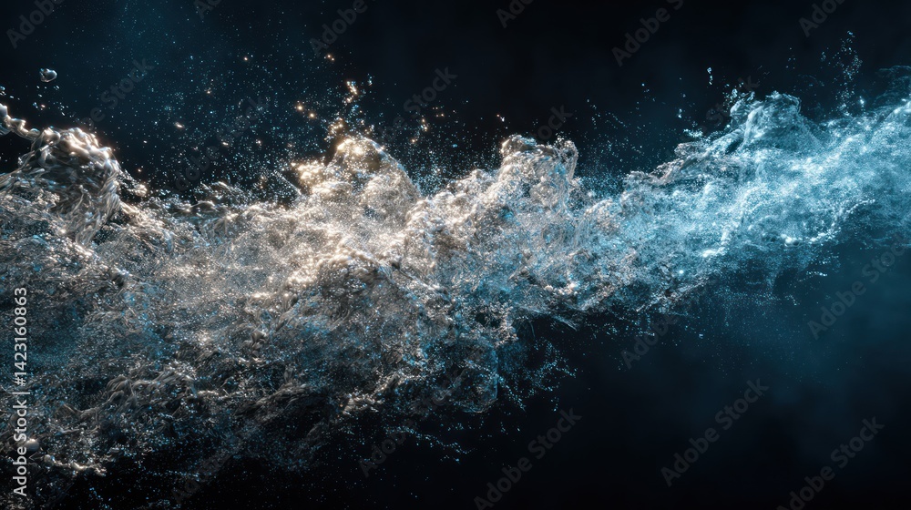 Poster an abstract representation of splashing water, depicting dynamic movement and energy in a dark envir