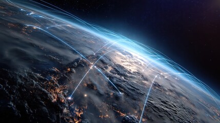 Aerial view of Earth highlighting digital connectivity with glowing lines representing data flow and global communication networks.
