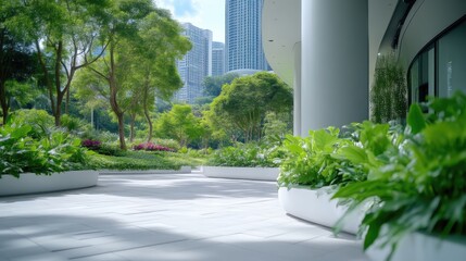 Lush urban oasis, modern landscaping in city center.  Tranquil pathway, vibrant greenery, and contemporary architecture