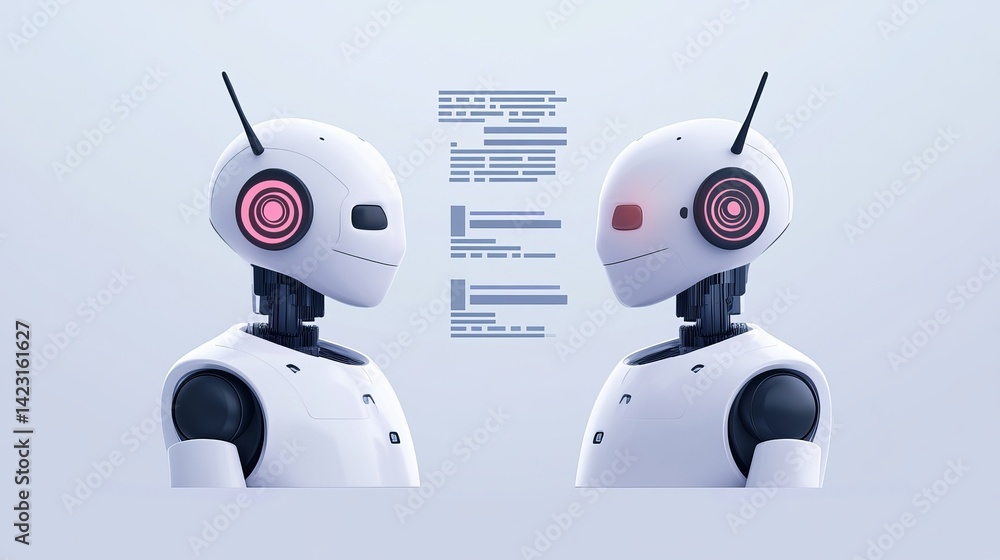 Aufkleber two modern robots communicating advanced technology digital interface ai 3d pink grey data white