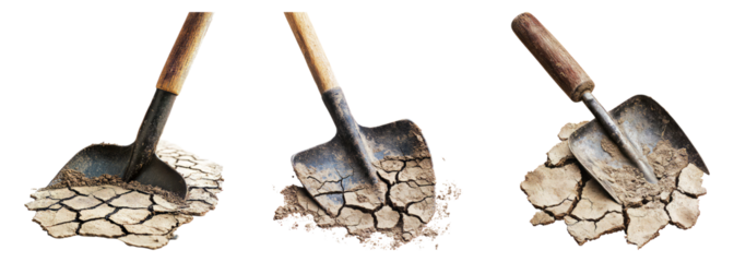 Shovels Digging into Dry Cracked Earth Surface on Isolated Background