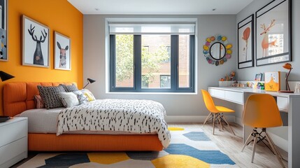 Bright color scheme, playful accents, and distinctive wall art and décor characterize this chic children's room.