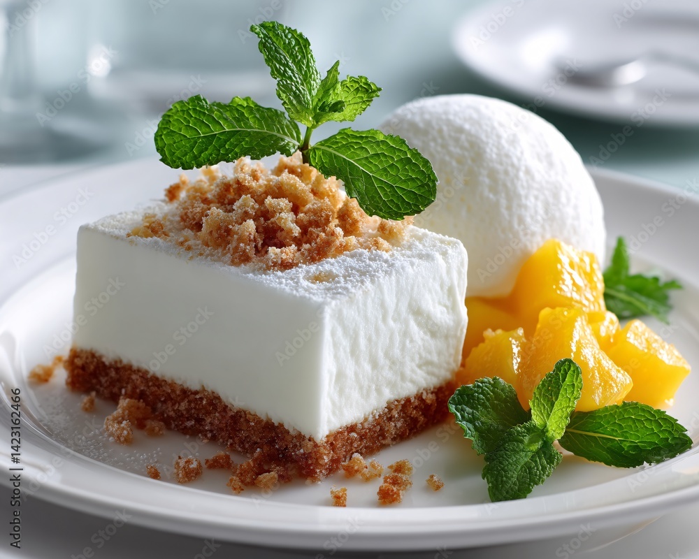 Poster a modern interpretation of mango sticky rice, featuring a deconstructed plating style with coconut f