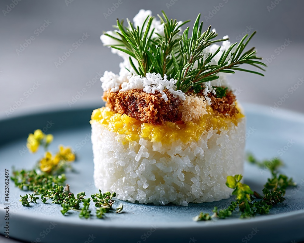 Poster a modern interpretation of mango sticky rice, featuring a deconstructed plating style with coconut f