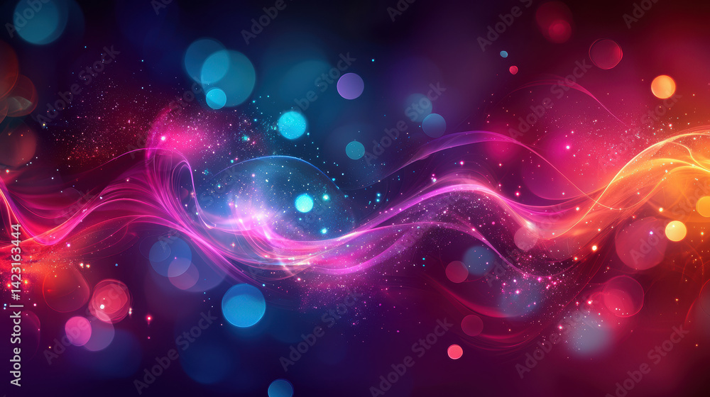 Poster vibrant abstract background featuring colorful swirls and glowing orbs, creating dynamic and energet