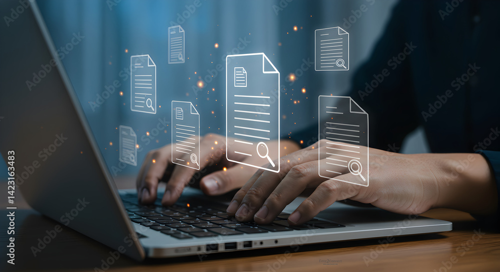 Poster data search and document management interface on laptop