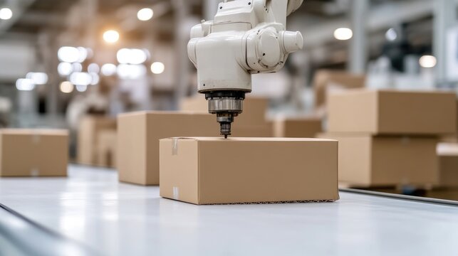 A robotic arm precisely handling cardboard boxes in a modern warehouse, showcasing automation and efficiency in logistics, and industrial setting.