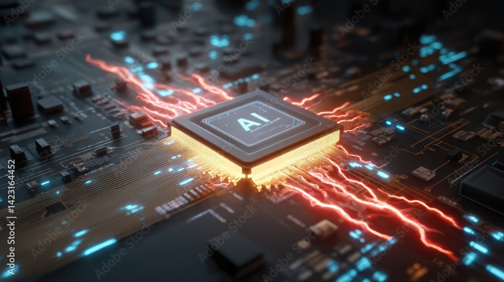 Aufkleber close-up view of a futuristic ai processor on a circuit board, showcasing electric sparks and intric