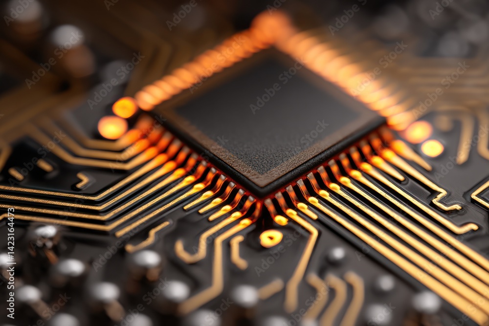 Poster close-up view of a computer chip showcasing intricate circuit patterns and glowing connections, symb