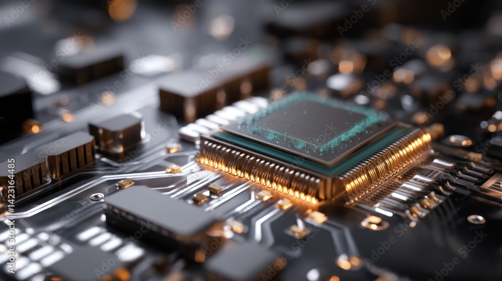 Poster close-up view of a microchip on a circuit board, showcasing intricate electronic components and conn