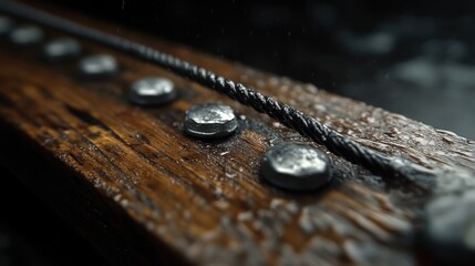 Close-up of weathered wood with metal fasteners and rain
