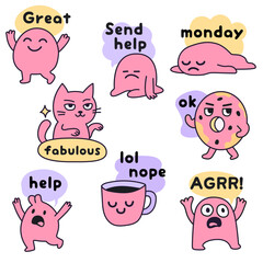 Funny Pink Characters &ndash; Mood Vector Stickers for Social Media