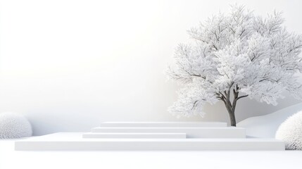 Fototapeta premium Minimalist white product podium next to a snow-covered tree on a clean white background.