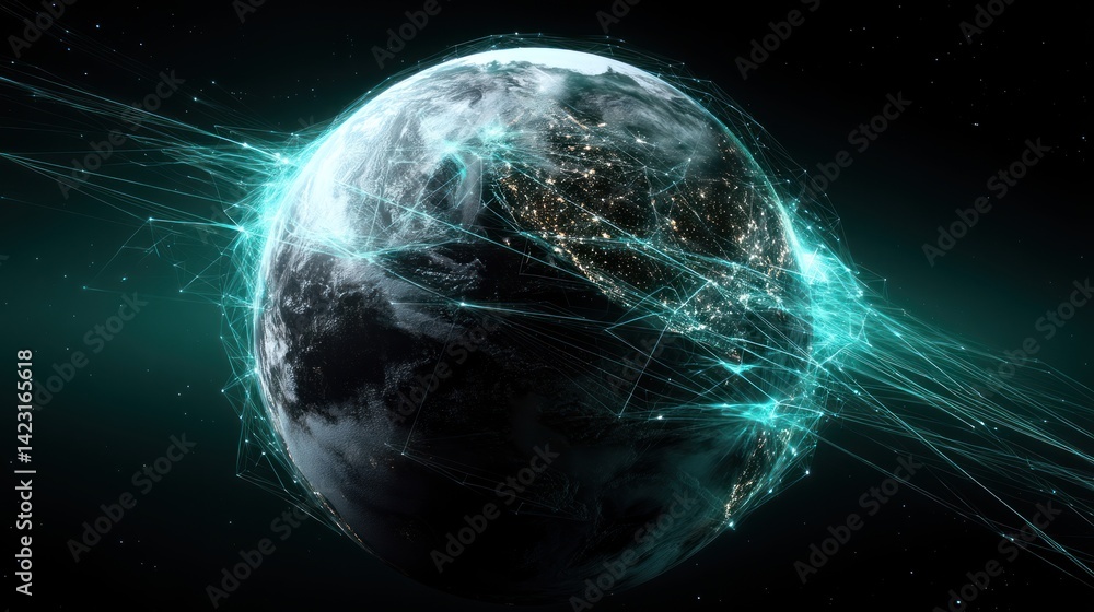 Poster Futuristic digital representation of Earth, showcasing interconnected networks and data flows in a visually striking design.