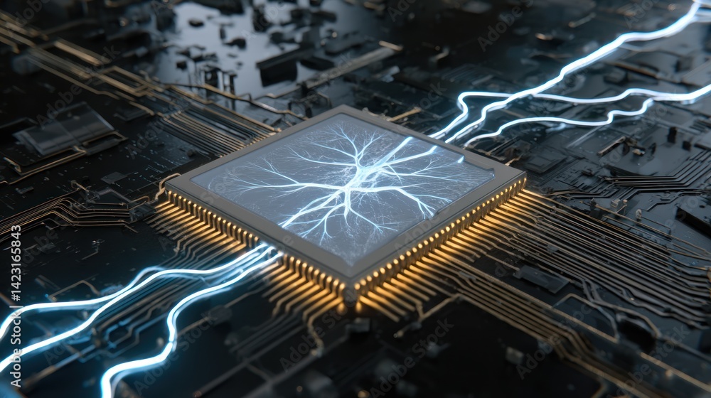 Poster high-tech microchip with electric currents, symbolizing advanced technology and innovation in the di
