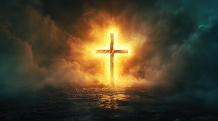 Fototapeta premium Illuminated Cross Over Water