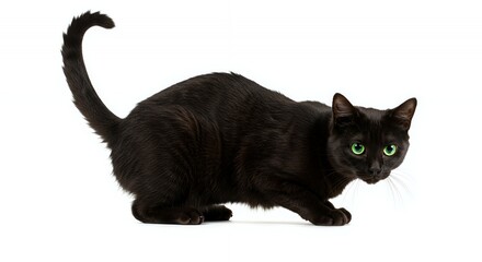 Crouching Black Cat Isolated on White Background with Sleek Fur and Green Eyes with its Tail Curled Upwards Perfect for Decoration and Themed Content