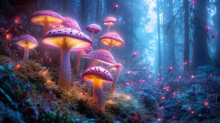 Fototapeta premium Enchanting glowing mushrooms illuminate the forest floor. Soft light creates a magical atmosphere. Ideal for fantasy art. Generative AI
