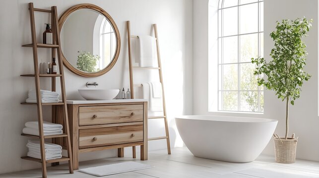 Bright bathroom interior with modern tub and wooden vanity furniture
