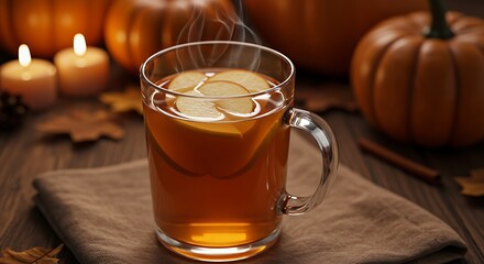 Serving Hot Cider with Apple Slices and Fall Decorations