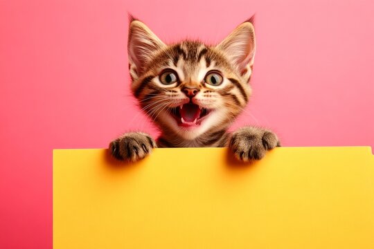 Cat studio concept. Ð¡ute cat siberian hold in front paws a wireframe - large yellow alley sign. Adorable pose for brand. Isolated kitty on a solid clothing pink background. Holding sign mock.