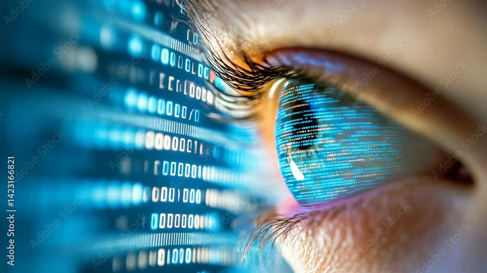 Poster close-up eye with reflection of digital code and data
