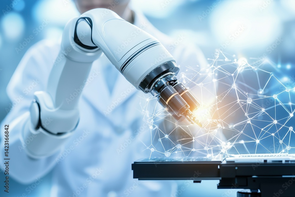 Poster a robot arm interacts with digital data, symbolizing advanced technology in innovation.
