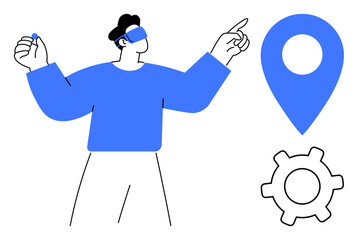Man wearing a VR headset gestures in interaction, map marker, and gear. Ideal for technology, virtual reality, innovation, navigation, futurism UX digital transformation. Flat simple metaphor