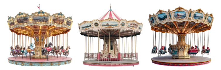 Vintage carousel rides at amusement park with colorful designs, PNG bundle collection, Isolated on Transparent Background