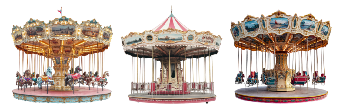 Vintage carousel rides at amusement park with colorful designs, PNG bundle collection, Isolated on Transparent Background