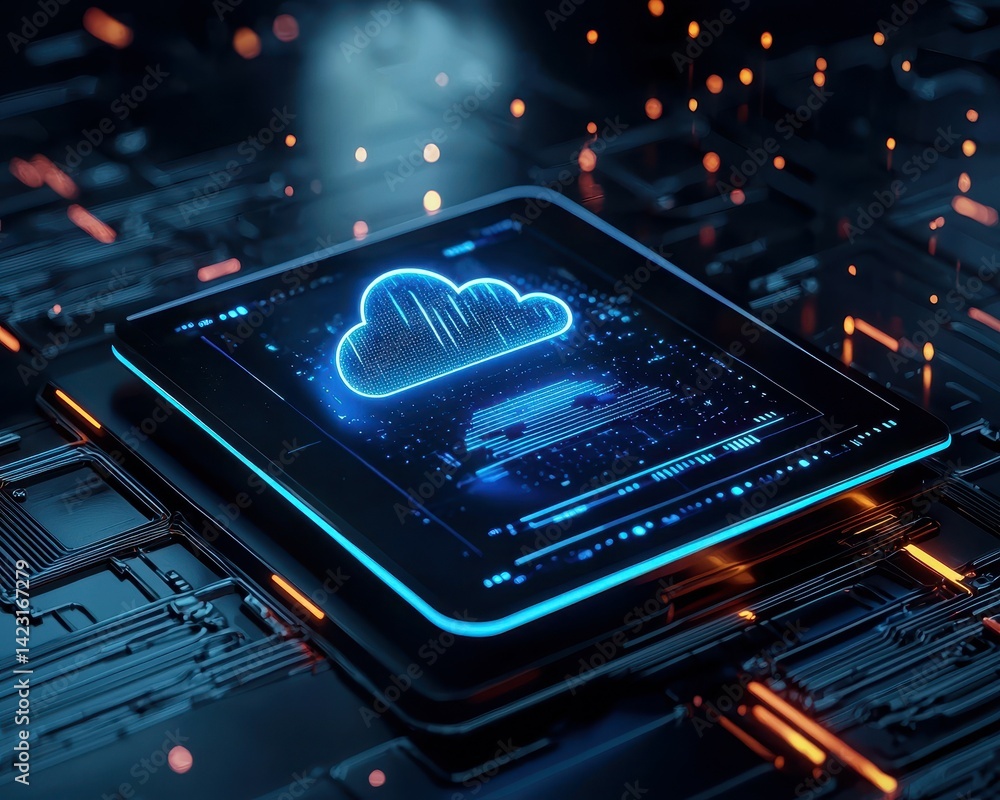 Poster futuristic tablet displaying cloud technology in a digital environment.