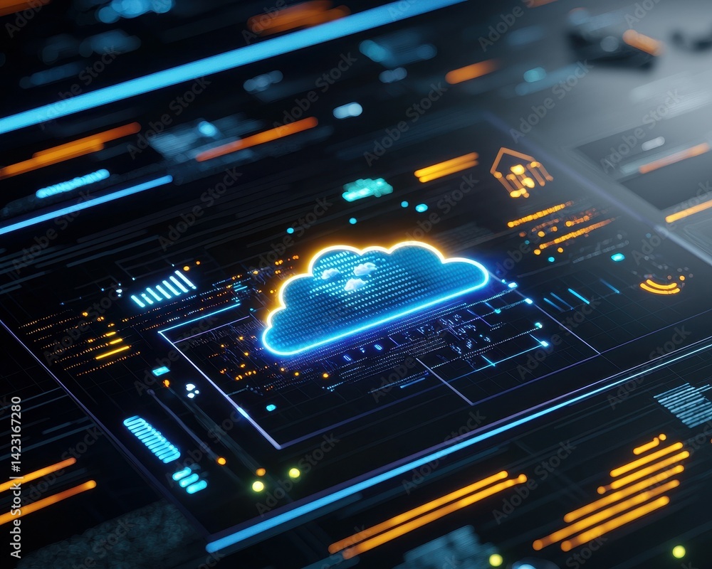 Poster futuristic digital cloud computing interface with vibrant neon colors.