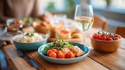 A beautifully arranged table with a delicious meal featuring salmon, rice, tomatoes, and a glass of white wine, set in a cozy dining environment.