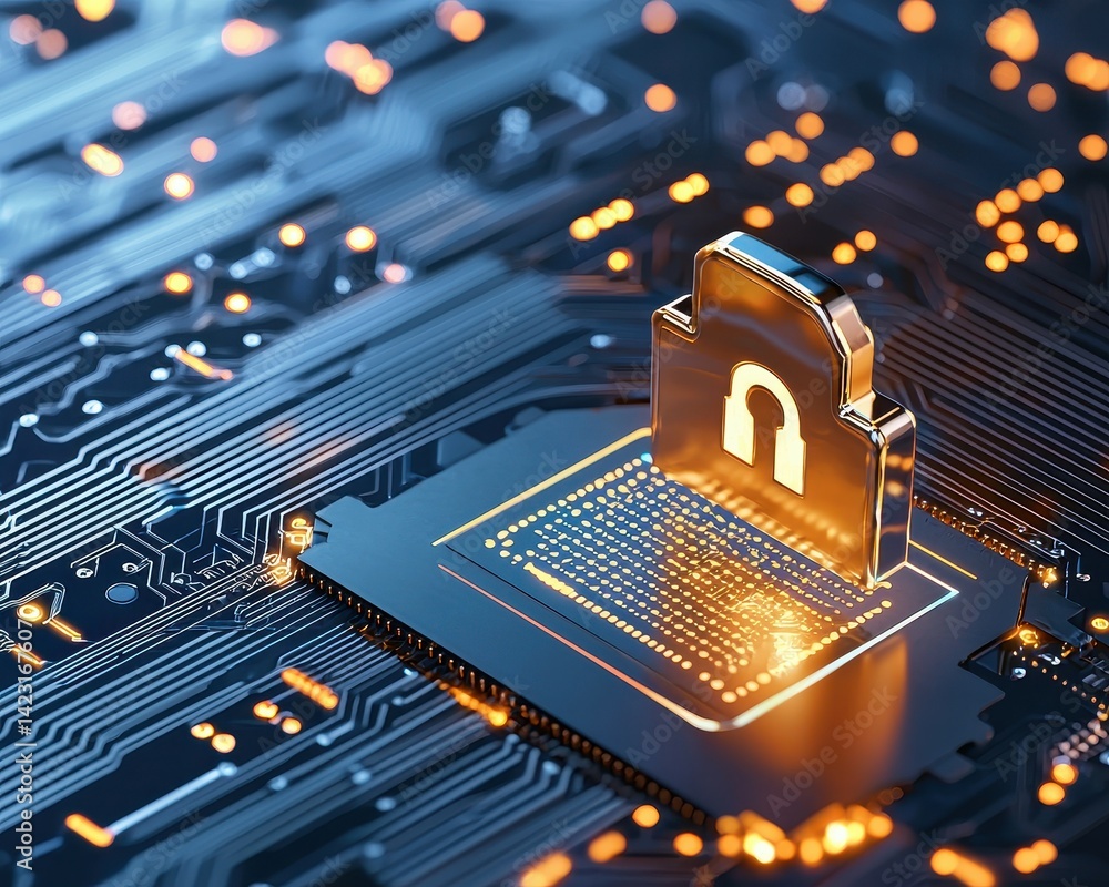 Poster digital lock symbolizing cybersecurity on a microchip with glowing circuits.