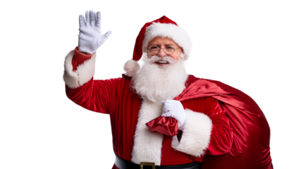 Santa Claus holding a gift sack, smiling and waving, on transparent background