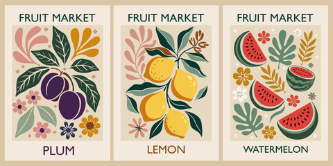 Set of Abstract Fruit Market retro posters. Trendy contemporary wall arts with Plum, Lemon, Watermelon fruit design in Mid century modern style. Vector flat illustrations