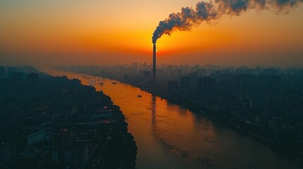 A colossal industrial factory chimney spewing forth thick, acrid chemical gas into the smog-choked cityscape and the tranquil expanse of water below, a stark reminder of human impact on the 