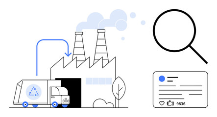 Recycling truck unloading at industrial factory with emission towers, magnifying glass, and social media post evaluations. Ideal for environmental awareness, industry, analytics, recycling process