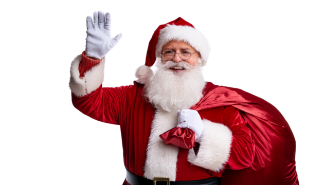 Santa Claus holding a gift sack, smiling and waving, on transparent background