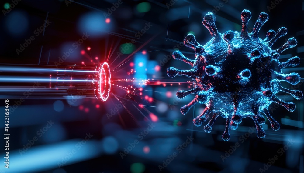 Poster a 3d representation of a virus being targeted in a futuristic digital environment.
