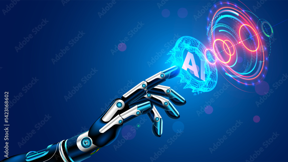 Aufkleber Robot arm with artificial intelligence presses a button with an AI logo. The cyborg hand touches the holographic interface with his index finger. AI bot in Industry 4.0. AI robotic hand tap HUD screen